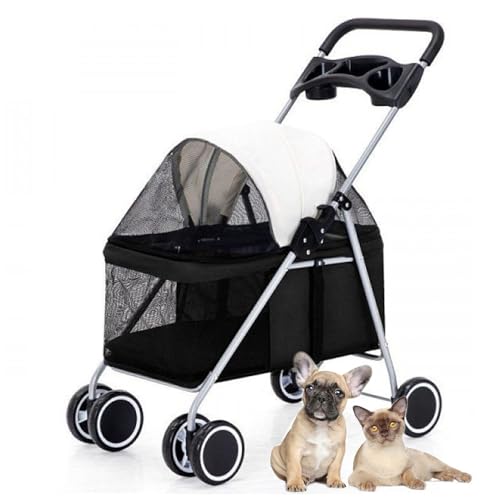 RUYICZB Leichter Kinderwagen für Haustiere, tragbarer, Faltbarer Hundekinderwagen mit multifunktionalem Getränkehalter, Hunde-/Katzenkinderwagen mit feststellbaren Rädern,Schwarz von RUYICZB