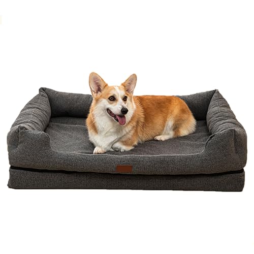 RUYICZB Orthopädisches, weiches Hundebett, waschbares Hundebett mit Nackenrolle an den Seiten, Haustier-Couchbett mit Eierkisten-Schaumstoffunterstützung,Grau,75x55x16cm von RUYICZB