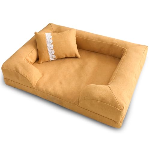 RUYICZB Orthopädisches Hundebett, waschbares Hundesofabett mit Nackenrolle, bequemes Haustierbett mit abnehmbarem Bezug und Rutschfester Unterseite,Gelb,80x55cm von RUYICZB