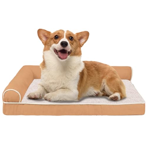 RUYICZB Orthopädisches Hundebett L Form Hundematte, Ergonomisches Hundematratze Hundecouch, Hundekissen Bezug Abnehmbar Waschbar, Hundesofa Für Grosse Mittelgroße Kleine Hunde,Khaki,M von RUYICZB