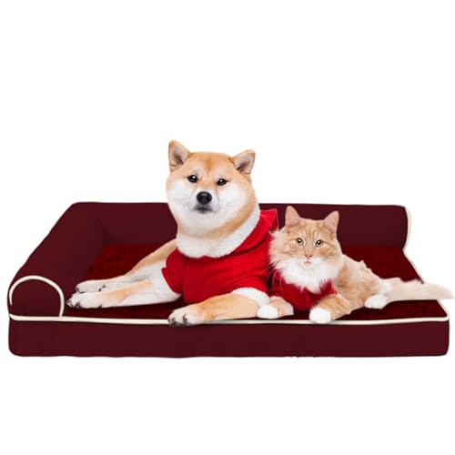 RUYICZB Orthopädisches Hundebett L Form Hundematte, Ergonomisches Hundematratze Hundecouch, Hundekissen Bezug Abnehmbar Waschbar, Hundesofa Für Grosse Mittelgroße Kleine Hunde,Wine red,L von RUYICZB