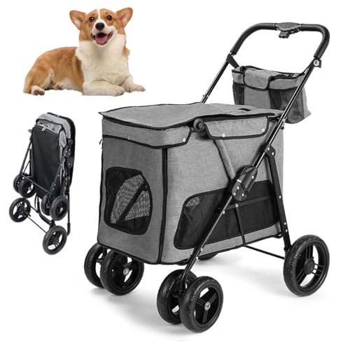 RUYICZB Pet Cage Jogger-Kinderwagen für kleine/mittelgroße Haustiere, Leichter Haustier-Kinderwagen mit Reißverschluss und Hinterradbremsen,Grau von RUYICZB