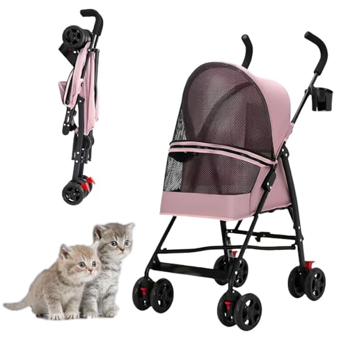 RUYICZB Regenschirmförmiger, Leichter Hundebuggy mit 4 Rädern, Faltbarer Reise-Jogger-Katzenbuggy mit Anti-Rutsch-Griff und sichtbarem Netz, atmungsaktiver Haustierbuggy,Rosa von RUYICZB