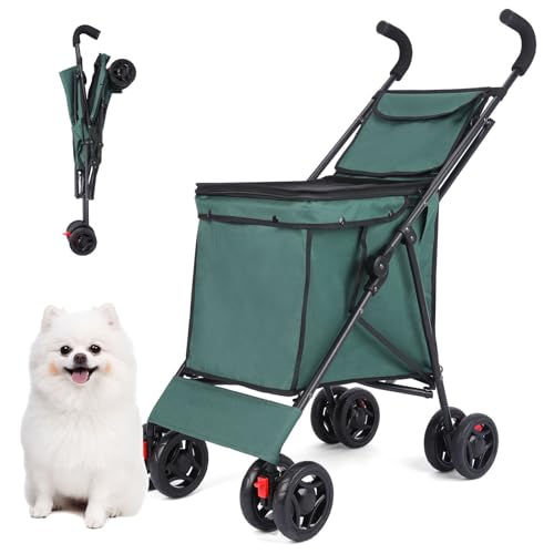 RUYICZB Regenschirmförmiger Hundekäfig-Jogging-Kinderwagen für kleine Hunde, Faltbarer Haustier-Kinderwagen mit Hinterradbremsen, Leichter Hunde-Kinderwagen,Grün von RUYICZB