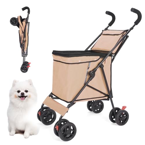 RUYICZB Regenschirmförmiger Hundekäfig-Jogging-Kinderwagen für kleine Hunde, Faltbarer Haustier-Kinderwagen mit Hinterradbremsen, Leichter Hunde-Kinderwagen,Khaki von RUYICZB