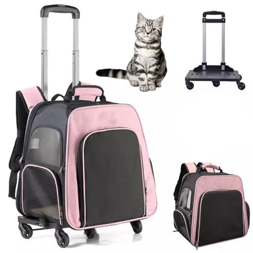 RUYICZB Rollbarer Haustier-Tragerucksack, Hunderucksack mit Rädern und atmungsaktivem Netz für kleine Katzen und Hunde, Rollbarer Katzen-Tragerucksack,Rosa von RUYICZB