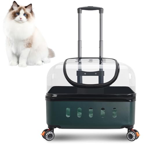 RUYICZB Rollende Katzentransportkoffer Mit Rädern Für Haustiere, Harter Katzentransportwagen Mit Kissen Und Griff, Haustier Trolley Für Kleine, Mittlere Katzen Und Hunde,Dark Green von RUYICZB