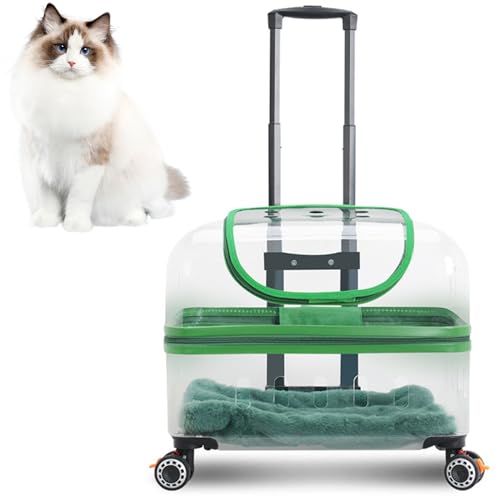 RUYICZB Rollende Katzentransportkoffer Mit Rädern Für Haustiere, Harter Katzentransportwagen Mit Kissen Und Griff, Haustier Trolley Für Kleine, Mittlere Katzen Und Hunde,Grün von RUYICZB