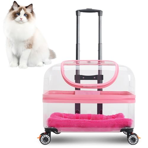 RUYICZB Rollende Katzentransportkoffer Mit Rädern Für Haustiere, Harter Katzentransportwagen Mit Kissen Und Griff, Haustier Trolley Für Kleine, Mittlere Katzen Und Hunde,Rosa von RUYICZB