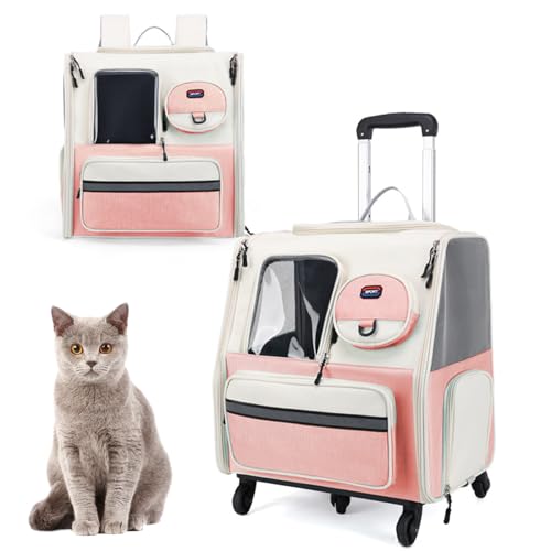 RUYICZB Rollierter Haustierträger Hunderucksack Katzenrucksack Mit Trolley 2 in 1 Bis 8 Kg, Faltbare Katzenrucksack Große Transportbox Mit Mesh Fenster Für Kleine Hunde,Rosa von RUYICZB