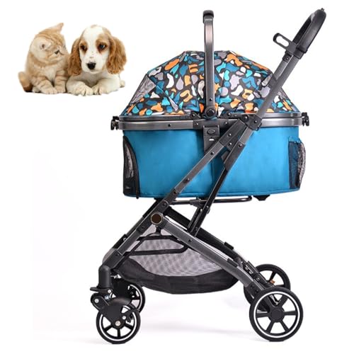 RUYICZB Tragbarer Reisebuggy, Faltbarer Haustierbuggy 3-in-1 für kleine Hunde und Katzen mit Abnehmbarer Tragetasche, Leichter Haustierbuggy mit atmungsaktivem Netz,Blau von RUYICZB