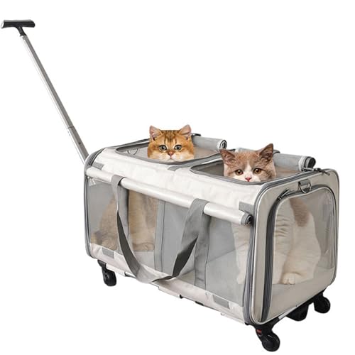 RUYICZB Tragetasche Trolley Für Kleine Und Mittelgroße Hunde Und Katzen Haustiere Bis 16Kg, Reisetasche Mit Rollen, Transportbox Für Kleintiere, Transporttasche Mit Zwei Fächern,Beige von RUYICZB