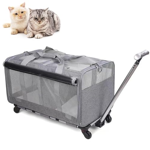 RUYICZB Tragetasche Trolley Für Kleine Und Mittelgroße Hunde Und Katzen Haustiere Bis 16Kg, Reisetasche Mit Rollen, Transportbox Für Kleintiere, Transporttasche Mit Zwei Fächern,Grau von RUYICZB