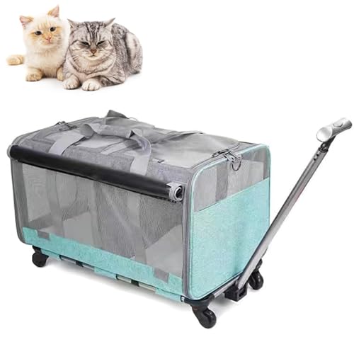 RUYICZB Tragetasche Trolley Für Kleine Und Mittelgroße Hunde Und Katzen Haustiere Bis 16Kg, Reisetasche Mit Rollen, Transportbox Für Kleintiere, Transporttasche Mit Zwei Fächern,Grün von RUYICZB