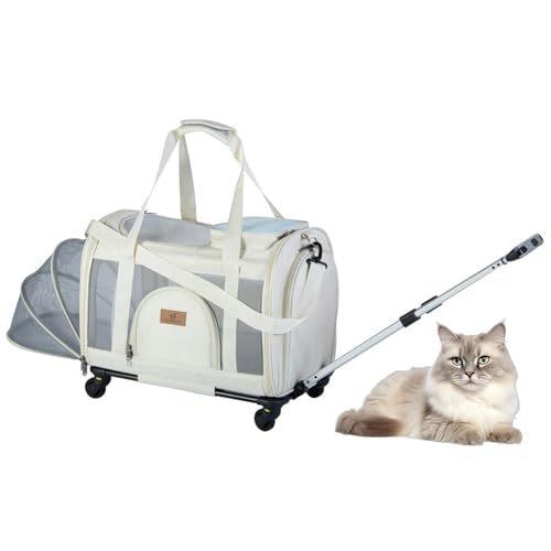 RUYICZB Transportbox für Haustiere mit Rädern, Rollbare Transportbox für Katzen und kleine Hunde, Erweiterbare Premium-Katzentransportbox mit Rädern,White b von RUYICZB