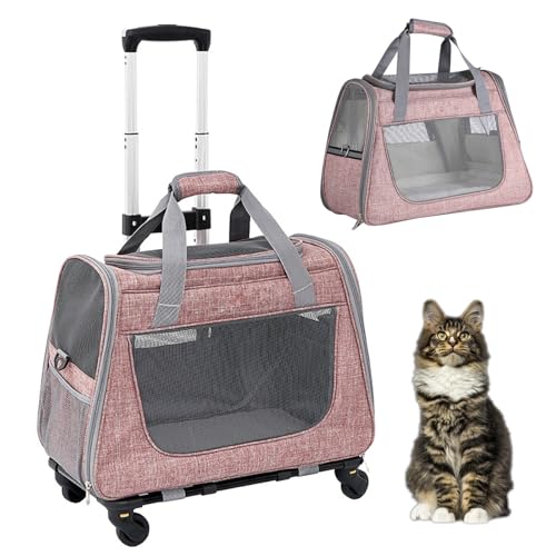 RUYICZB Transportbox für Haustiere mit Rädern, rollende Transportbox für Katzen und Hunde mit Teleskopgriff und weichem, atmungsaktivem Netzgewebe,Rosa von RUYICZB