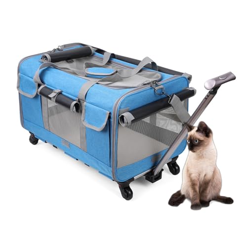 RUYICZB Transportbox für Haustiere mit Rädern, tragbare Transportbox für Hunde mit Teleskopgriff und Schultergurt, Faltbare Transportbox für Katzen,Blau von RUYICZB