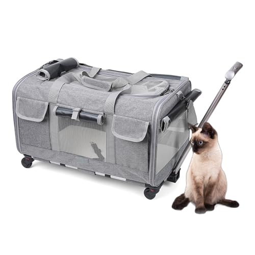 RUYICZB Transportbox für Haustiere mit Rädern, tragbare Transportbox für Hunde mit Teleskopgriff und Schultergurt, Faltbare Transportbox für Katzen,Grau von RUYICZB