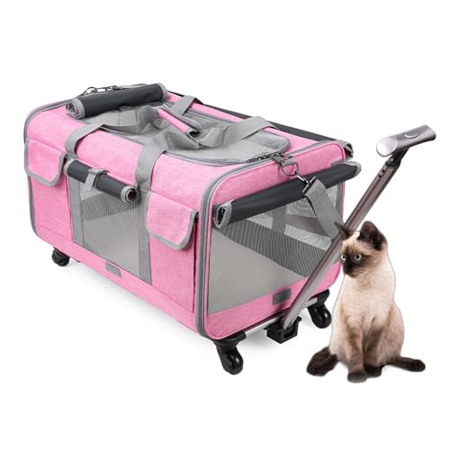 RUYICZB Transportbox für Haustiere mit Rädern, tragbare Transportbox für Hunde mit Teleskopgriff und Schultergurt, Faltbare Transportbox für Katzen,Rosa von RUYICZB