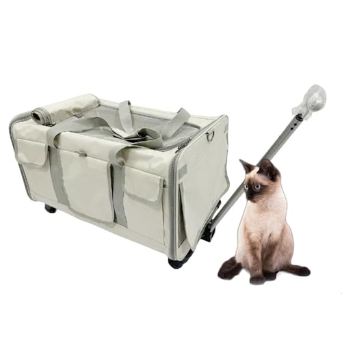 RUYICZB Transportbox für Haustiere mit Rädern, tragbare Transportbox für Hunde mit Teleskopgriff und Schultergurt, Faltbare Transportbox für Katzen,Weiß von RUYICZB