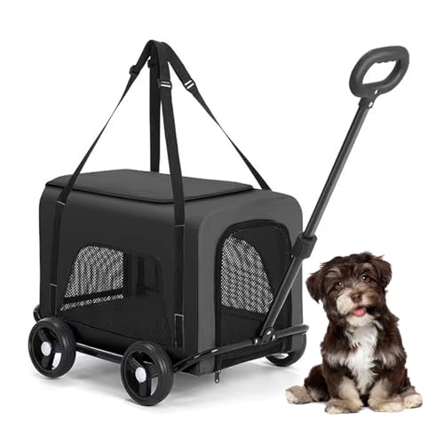 RUYICZB Transportbox für Hunde und Katzen mit Rädern, Transportbox für Haustiere mit Rädern und belüftetem Netz, Faltbare Reisetasche für Haustiere,Schwarz von RUYICZB