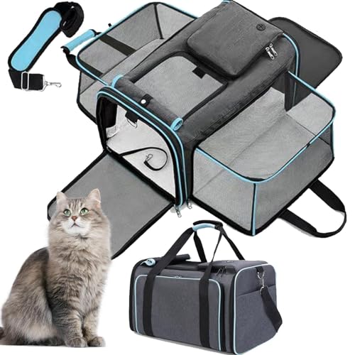 RUYICZB Transporttasche Für Katzen Und Hunde, Erweiterbar Transportbox Katze Hund, Faltbare Katzentransporttasche Hundetasche Mit Waschbare Matte Und Sicherheitsleine,Blau von RUYICZB