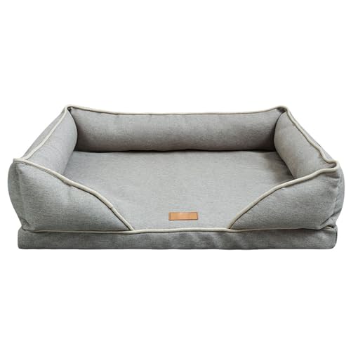 RUYICZB Waschbare orthopädische Hundebetten aus Schaumstoff, Hundecouch-Design mit abnehmbarem Bezug, Nackenrolle, Hundebett mit Rutschfester Unterseite,Grau,64x47x17cm von RUYICZB