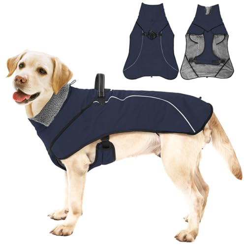 RUYICZB Wasserdichter Hundemantel Hunde Winterjacke, Winter Warme Fleece Hundejacke, Hundebekleidung Outfit Mit Sicheren Reflexstreifen Für Kleine Mittelere Und Große Hunde,Dark Blue,XL von RUYICZB