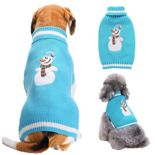 RUYICZB Weihnachten Hundepullover Für Hunde Mädchen Jungen, Haustier Gestrickt Pullover Pullover, Herbst Hundekleidung Warme Welpen Kleidung Urlaub Rollkragenpullover,Blue Snowman,S von RUYICZB