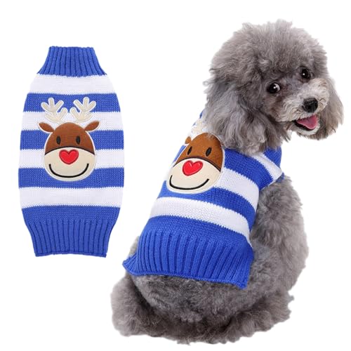 RUYICZB Weihnachten Hundepullover Für Hunde Mädchen Jungen, Haustier Gestrickt Pullover Pullover, Herbst Hundekleidung Warme Welpen Kleidung Urlaub Rollkragenpullover,Deer Blue,L von RUYICZB