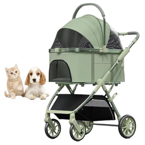 RUYICZB Welpen Kinderwagen mit Abnehmbarer Trage und Aufbewahrungskorb, Hundekinderwagen mit 4 Rädern und Sonnenschutz, atmungsaktives, sichtbares Netz,Grün von RUYICZB