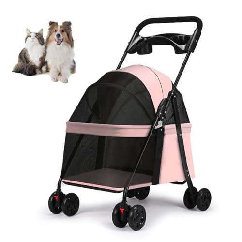 RUYICZB Zusammenklappbarer Haustier-Kinderwagen mit Getränkehalter und Aufbewahrungstasche auf der Rückseite, Welpen-Kinderwagen mit atmungsaktivem und sichtbarem Netz,Rosa von RUYICZB