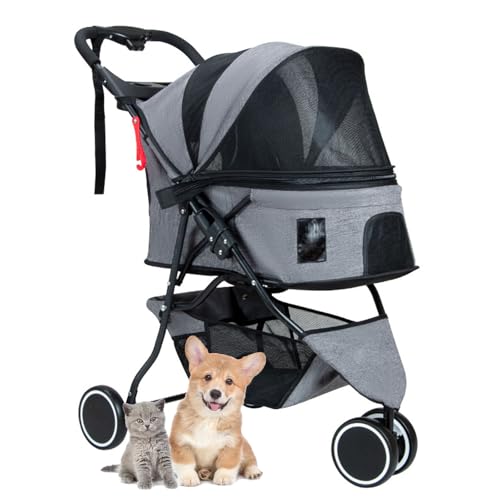 RUYICZB Zusammenklappbarer Hunde-/Katzenkinderwagen mit 3 Rädern, Joggingkinderwagen für Haustiere mit atmungsaktivem und sichtbarem Netz, Aufbewahrungskorb,Grau von RUYICZB