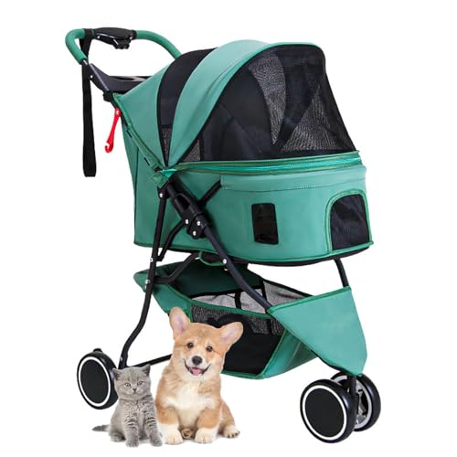 RUYICZB Zusammenklappbarer Hunde-/Katzenkinderwagen mit 3 Rädern, Joggingkinderwagen für Haustiere mit atmungsaktivem und sichtbarem Netz, Aufbewahrungskorb,Grün von RUYICZB