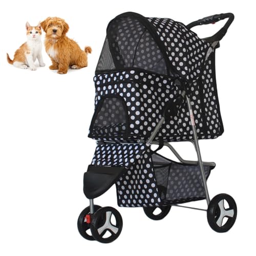 RUYICZB Zusammenklappbarer Reise Kinderwagen, Katzen-/Hundekäfig Kinderwagen mit atmungsaktivem und sichtbarem Netz, Leichter Haustierkinderwagen für kleine Hunde und Katzen,Black dots von RUYICZB