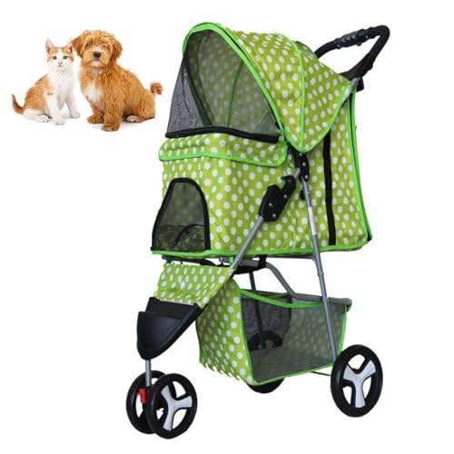 RUYICZB Zusammenklappbarer Reise Kinderwagen, Katzen-/Hundekäfig Kinderwagen mit atmungsaktivem und sichtbarem Netz, Leichter Haustierkinderwagen für kleine Hunde und Katzen,Green dots von RUYICZB