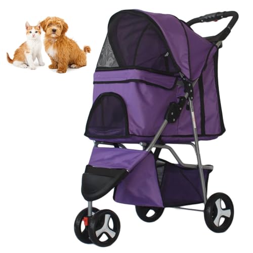 RUYICZB Zusammenklappbarer Reise Kinderwagen, Katzen-/Hundekäfig Kinderwagen mit atmungsaktivem und sichtbarem Netz, Leichter Haustierkinderwagen für kleine Hunde und Katzen,Lila von RUYICZB