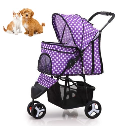 RUYICZB Zusammenklappbarer Reise Kinderwagen, Katzen-/Hundekäfig Kinderwagen mit atmungsaktivem und sichtbarem Netz, Leichter Haustierkinderwagen für kleine Hunde und Katzen,Purple dots von RUYICZB