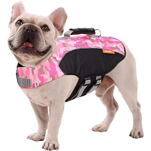 Sportstil Schwimmweste Für Hunde Mit Hervorragendem Auftrieb Und Griff Einstellbar & Langlebig Schwimmweste Haustier Lebensretter Welpen Badeanzüge Für Strand,Rosa,XL von RUYICZB