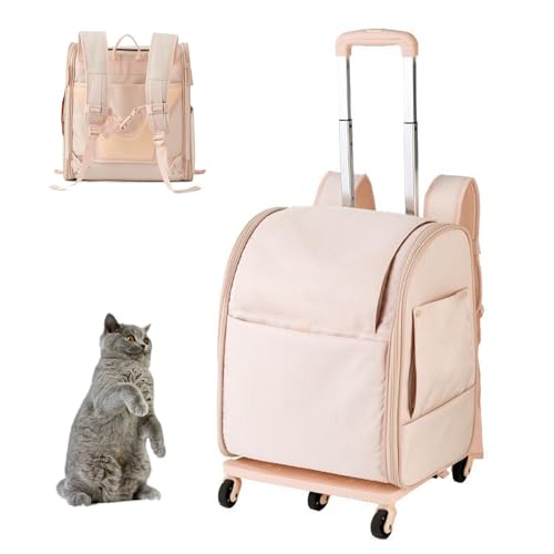 RUYICZB Tragerucksack für Haustiere mit Rädern, Reise Tragetasche für Haustiere mit Teleskopgriff und Aufbewahrungstasche, Rollrucksack für Katzen,Rosa von RUYICZB