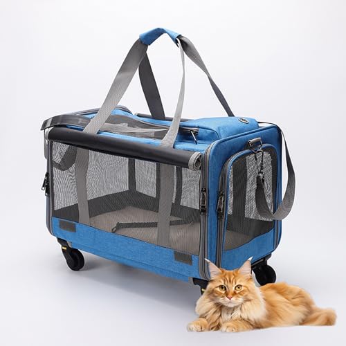 RUYICZB Transportbox für Haustiere mit Rädern, Transportbox für Katzen mit weichem, atmungsaktivem Netzgewebe und verschließbaren Reißverschlüssen,Blau von RUYICZB