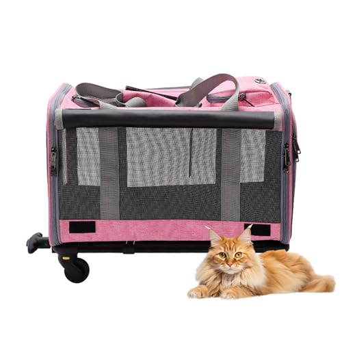 RUYICZB Transportbox für Haustiere mit Rädern, Transportbox für Katzen mit weichem, atmungsaktivem Netzgewebe und verschließbaren Reißverschlüssen,Rosa von RUYICZB