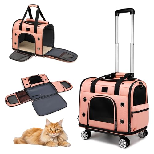 Transportbox für Haustiere mit Rädern für kleine Katzen und Hunde, rollende Transportbox für Katzen und Hunde mit abnehmbarem Boden und Aufbewahrungstasche,Rosa von RUYICZB