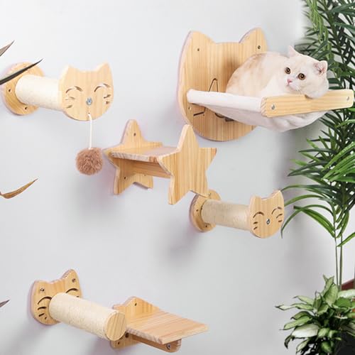 RUYICZB Wandmontiertes Katzenhängemattenbett 6 Stück Katzen Kletterregal Katze Wandstufen Holz Katzen Sitzstangen Plattform Möbel Für Kleine Katze Kätzchen Schlafen, Spielen, Klettern von RUYICZB