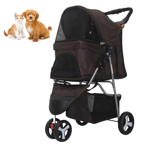 RUYICZB Zusammenklappbarer Reise Kinderwagen, Katzen-/Hundekäfig Kinderwagen mit atmungsaktivem und sichtbarem Netz, Leichter Haustierkinderwagen für kleine Hunde und Katzen,Braun von RUYICZB