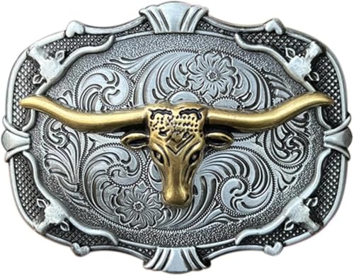 Gürtelschnallen for Herren, Gürtelschnallenersatz, Gürtelschnallen im Western-Cowboy-Stil, 1 Stück, Western-Cowboy-Gürtelschnallen for Herren, Rodeo, goldener Stierkopf, Metalllegierung, Bundknopf(Sil von RYRYR