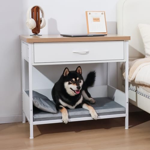 Modernes Hundebett Beistelltisch mit Aufbewahrungsschublade, offenes Design, Hundekäfig-Möbel, abnehmbar, waschbar, multifunktional, Nachttisch für kleine, mittelgroße Hunde, Innenbereich, Weiß von RYpetmia