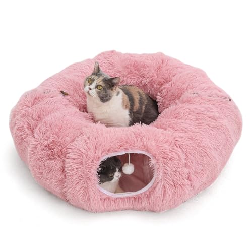 RYpetmia Plüsch-Katzentunnelbett für Indoor-Katzen mit weichem Kissen, Multi-Form-Spielhöhle mit hängenden Bällen, großer und Faltbarer Katzen-Donut-Tunnel für kleine und große Haustiere (Rosa) von RYpetmia