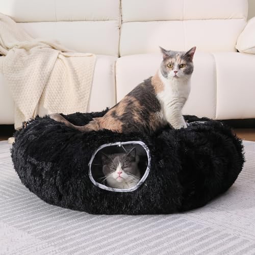 RYpetmia Plüsch-Katzentunnelbett für Indoor-Katzen mit weichem Kissen, Multi-Form-Spielhöhle mit hängenden Bällen, großer und Faltbarer Katzen-Donut-Tunnel für kleine und große Haustiere (Schwarz) von RYpetmia