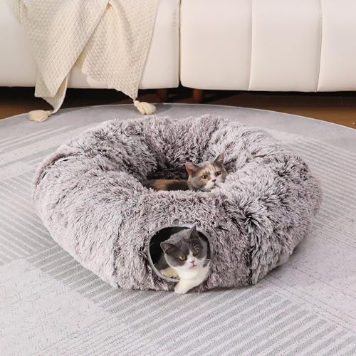 RYpetmia Plüsch-Katzentunnelbett für Indoor-Katzen mit weichem Kissen, Multi-Form-Spielhöhle mit hängenden Bällen, großer und Faltbarer Katzen-Donut-Tunnel für kleine und große Haustiere (Braun) von RYpetmia